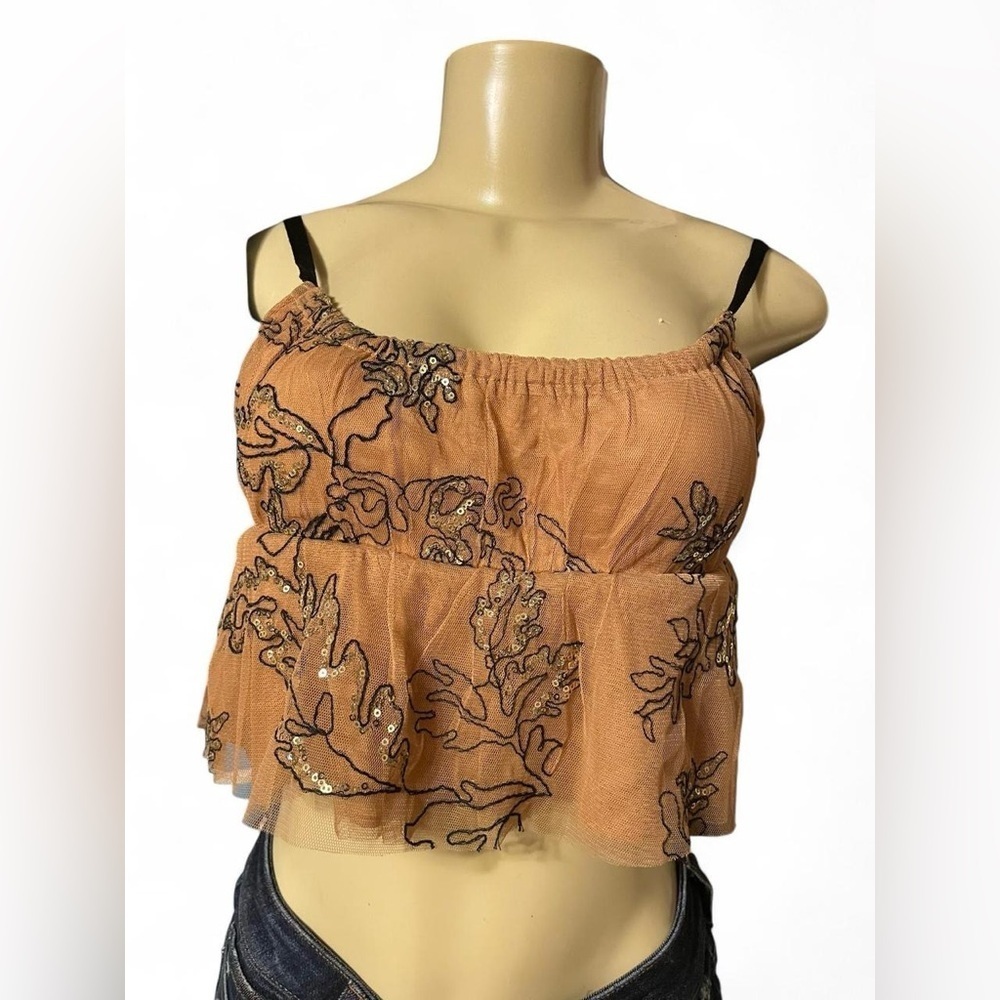Anthropologie Tan Crop Top with Black Embroidery - Picture 2 of 5
